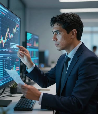 A focused Latin American professional in a high-tech office environment, analyzing holographic data charts of digital market trends. The lighting is dominated by deep navy and light blue tones, reflecting a sophisticated and results-oriented atmosphere.