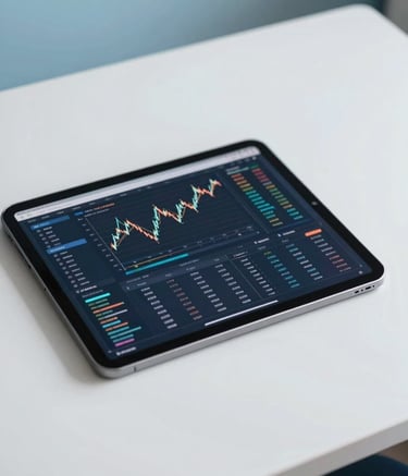 Clean, minimalist photography of a tablet displaying complex financial algorithms and digital marketing statistics, resting on a white desk in a bright room with soft light blue accents.