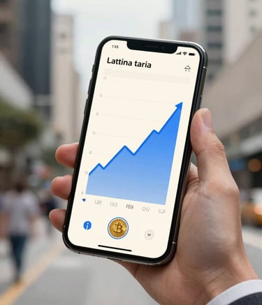 A close-up of a modern smartphone showing a cryptocurrency wallet interface with rising growth curves, held by a person in professional attire in a bright, modern Latin American city setting. Off-white and medium blue color palette.