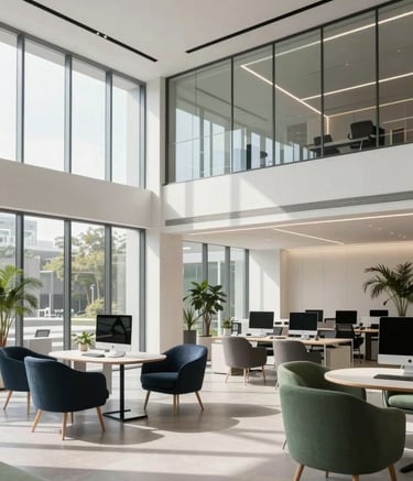 A professional wide-angle shot of a minimalist, modern tech office lobby. The architecture features clean lines, glass walls, and sophisticated furniture in shades of dark navy and sage green. Natural light creates a bright and welcoming atmosphere.