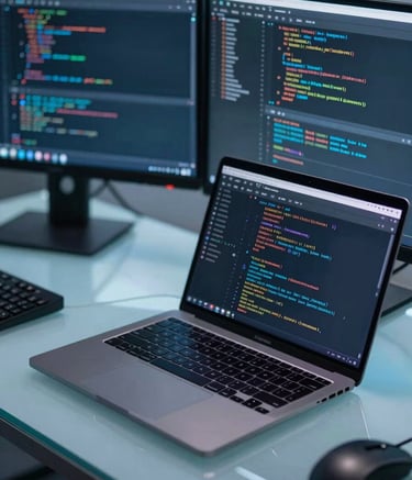 A close-up photograph of a professional workstation featuring a sleek, thin laptop and a dual-monitor setup showing lines of code and data analytics. The lighting is modern with soft ice blue and steel blue tones reflecting off the glass desk surface.