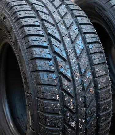 Close-up photography of brand-new tire treads with sharp focus on the complex patterns. The lighting is professional and soft, using a palette of light blue and dark charcoal to emphasize the quality and durability of the wholesale inventory.