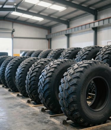 A wide-angle professional photograph of a clean, organized North American industrial tire warehouse. Large stacks of tires reach toward high ceilings, with bright, cool-toned lighting highlighting efficiency and scale. Deep muted blue and off-white color palette.