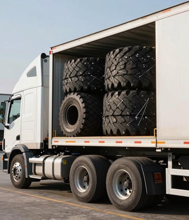 A side-profile shot of a professional logistics semi-truck being loaded with bulk tires at a distribution center in the United States. Morning daylight, crisp focus on the loading dock, suggesting reliability and nationwide reach.