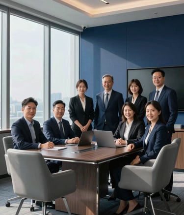 A professional portrait of a business team in a corporate boardroom with large windows. The interior features deep navy blue accents and soft silver gray furniture, with pale ice blue morning light streaming in.