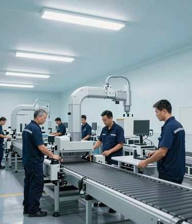 A wide-angle professional photograph of a high-tech logistics hub with workers wearing deep navy blue uniforms. The environment is clean and minimal, featuring soft silver gray automated conveyor systems and bright pale ice blue overhead lighting.
