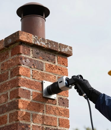 Close-up photography of a professional chimney inspection in a North American home, showing a high-tech inspection camera being lowered into a clean brick flue under bright, natural daylight.