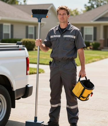 A professional chimney sweep wearing a clean uniform with dark slate and silver accents, standing next to a service vehicle in a sunny North American suburban driveway, holding professional brushes and safety gear.