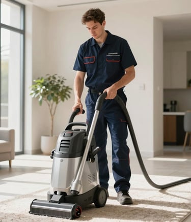 A professional carpet cleaning technician in a sharp, branded navy uniform operating modern extraction machinery inside an upscale North American apartment, with bright morning light pouring in.