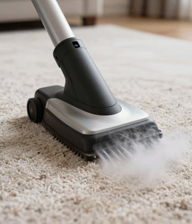 Close-up macro shot of a professional steam-cleaning head moving across a high-pile carpet in a luxury US suburban home, showing a clear contrast between the soiled area and the bright, deep-cleaned fibers.