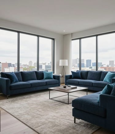 A wide-angle photography shot of a pristine, modern North American living room in Chicago with floor-to-ceiling windows and expertly cleaned light-colored carpets, featuring subtle navy blue and cyan accents in the furniture.
