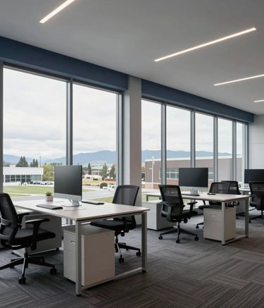 A wide-angle shot of a sleek, minimalist agency workspace in Spokane Valley with floor-to-ceiling windows. The interior features indigo accent lighting, ergonomic furniture, and clean lines under bright natural light.