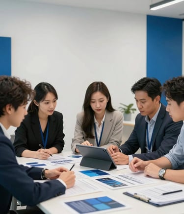A medium shot of a professional marketing team in a North American office collaborating around a large table, reviewing brand assets on a tablet. The atmosphere is innovative, with ghost white walls and indigo decor.