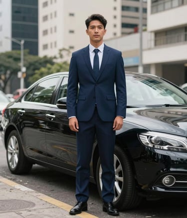 A professional chauffeur in a navy blue suit standing next to a sleek black sedan in a modern business district in a South American / Brazilian city. The lighting is clean and bright, conveying reliability and premium service.