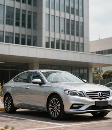 A luxury silver sedan parked in a clean, modern parking area in front of a high-end corporate building in South America / Brazil. Bright, daylight photography emphasizing professionalism and trust.