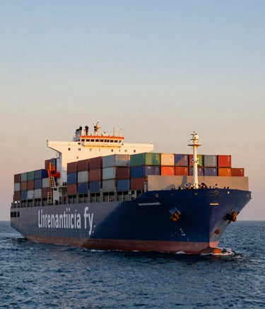 A wide-angle photography shot of a massive container ship loaded with colorful freight containers at an industrial port during sunset, with a deep blue ocean and sky, representing International / Corporate Business logistics and reliability.