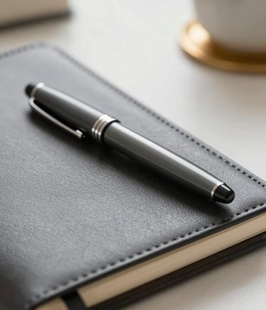 Close-up photography of a sleek, dark slate grey fountain pen resting on top of a leather-bound business planner. In the background, a blurred modern workspace with soft off-white lighting and a hint of muted gold decor.
