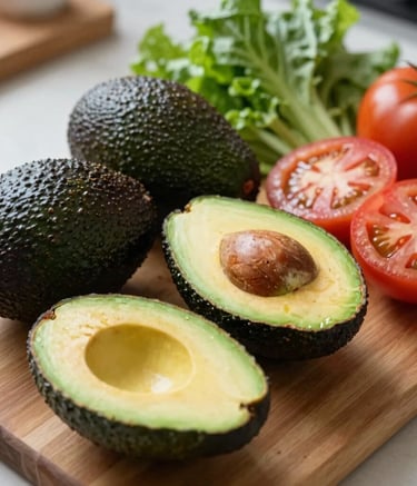Detailed photography of fresh, high-quality ingredients including ripe avocados, sliced tomatoes, and crisp greens on a clean wooden prep board. Soft natural morning light, South American / Brazilian kitchen setting, focusing on freshness and health.