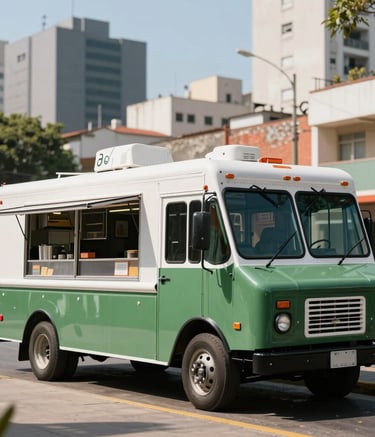Cinematic shot of a bright, modern food truck parked in a vibrant South American urban area. Soft focus on the background city architecture, while the truck shines with clean dark green and white surfaces under clear daylight.