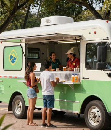 A vibrant medium shot of a modern, clean food truck serving customer at a sunny Brazilian park. The truck features light green and pale green accents. People are dressed in casual South American attire, smiling in a community atmosphere.