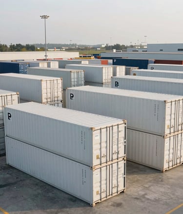 A professional, wide-angle photography shot of a modern logistics terminal in North America during the early morning. Orderly stacks of white shipping containers contrast with a clean, light sage environment, symbolizing efficient international agrifood trade.