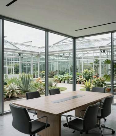 A professional photograph of a minimalist, tech-forward boardroom with floor-to-ceiling windows overlooking a modern greenhouse complex. The scene is bright and airy, using soft grays and greens to project authority and innovation.