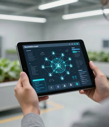 A close-up photograph of a sleek digital tablet held by a professional in a modern North American industrial setting, displaying a complex blockchain network interface. The background is a clean, minimalistic agro-industrial space with soft lighting and a palette of pale greens and grays.