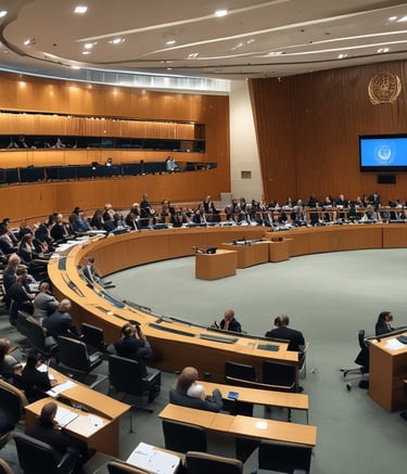 A close-up of a well-worn book on international law resting on a wooden desk.