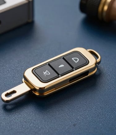 Close-up photography of a modern car switchblade key with a professional finish, resting on a textured dark blue surface. The lighting is crisp and professional, highlighting the metallic gold accents and the intricate details of the electronic buttons. South American / Brazilian workshop setting in the blurred background.