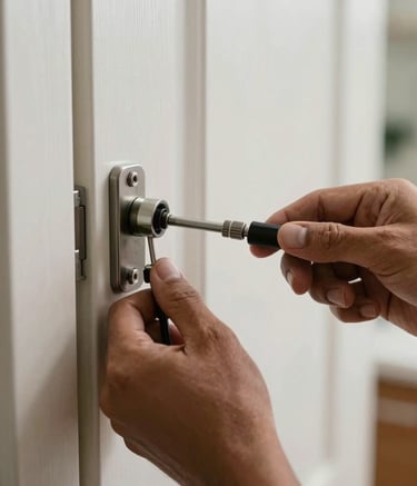 A close-up photograph of a professional locksmith's hands using precision tools to adjust a high-security door cylinder. The scene is set in a modern South American apartment with soft, natural lighting. The style is professional and clean, highlighting technical expertise.