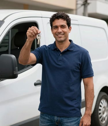 A professional locksmith in a deep blue polo shirt standing confidently by a clean white service van in a bright Brazilian urban setting. He is holding a modern set of keys and looking towards the camera with a friendly, professional expression.