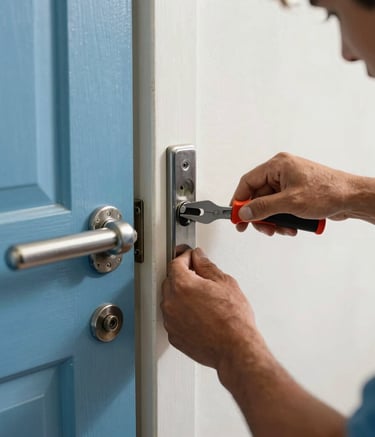 Photography of a professional locksmith skillfully working on a door lock mechanism in a South American / Brazilian residential setting. The scene is bright and clean, showing specialized tools and a focus on safety and reliability. Colors are dominated by medium blue and off white tones.