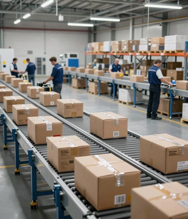 A high-tech, modern logistics warehouse in France, showing organized parcels on automated conveyor belts, clean and bright interior with steel blue and white accents, Western European staff working efficiently in the background.