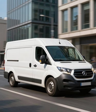 A sleek white delivery van driving through a modern French city street, with gold accents on the vehicle, clear blue sky, capturing a sense of speed and reliability in a Western European urban environment.
