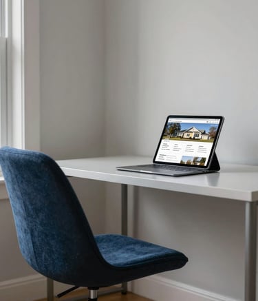 A serene North American residential interior showing a clean, modern home office space with a comfortable navy blue chair and a silver desk holding a tablet displaying real estate listings.
