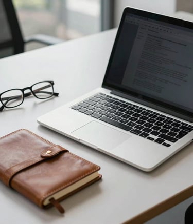 A high-resolution photograph of a professional workspace in a North American office with a silver laptop, a leather notebook, and a pair of spectacles on a light gray desk, soft daylight, professional atmosphere.