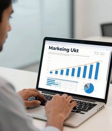 A close-up photograph of a South Asian professional in a modern office, focused on a sleek laptop screen displaying marketing growth charts. The background is a clean, bright office in Ahmedabad with light blue and off-white accents. Professional and sharp lighting.