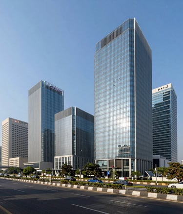 Wide-angle architectural photography of the modern business district on SG Highway in Ahmedabad during a bright, sunny day. Sleek glass buildings under a clear blue sky reflect a sense of growth and innovation in the South Asian urban landscape.