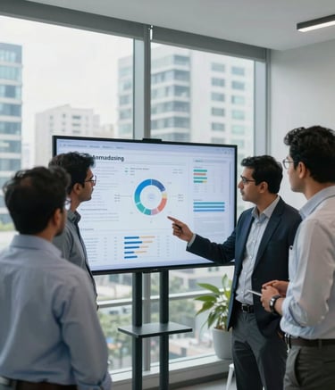 A group of South Asian marketing professionals in a high-tech office in Ahmedabad. They are discussing data on a large screen in a room with large windows overlooking a modern urban cityscape. Sharp focus and clean composition.
