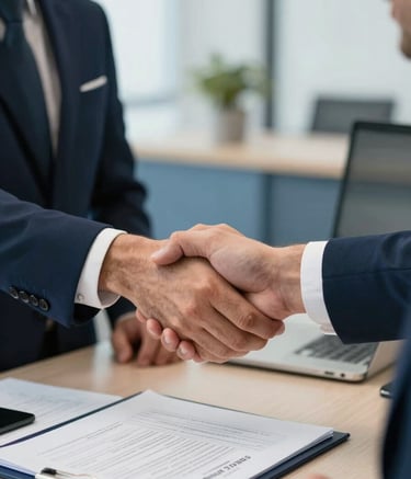A close-up of two professionals in a Middle Eastern / Turkish office setting, shaking hands over a table with insurance documents. The scene conveys trust and success. Soft natural lighting, professional attire, with accents of dark blue and light blue in the room decor.