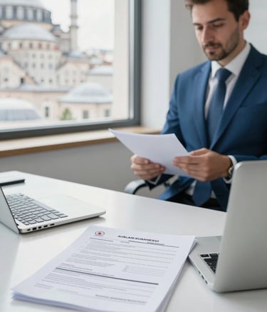 A bright, professional office interior in Istanbul, Sultanbeyli, featuring a clean desk with immigration paperwork and a laptop. The atmosphere is efficient and supportive with soft daylight. Middle Eastern / Turkish architectural details visible through the window. Colors focus on white and medium blue.