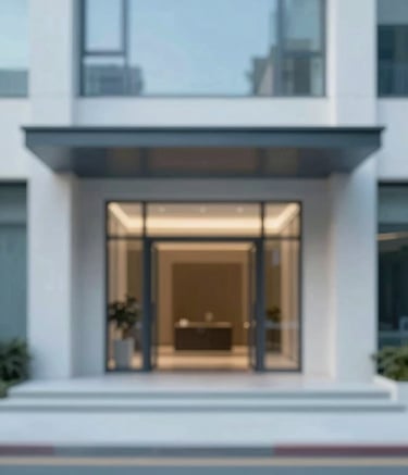 A minimalist, elegant architectural view of a modern building entrance with clean lines and soft natural lighting. The composition is sophisticated and serene, incorporating tones of #E6F0F4 and #2C576C.