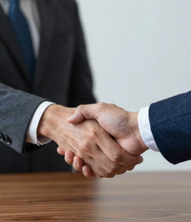 A professional and warm close-up of two people in business attire shaking hands over a polished wooden table. The lighting is soft and forward-thinking, emphasizing the brand's palette of #0D202B and #70A2B6.