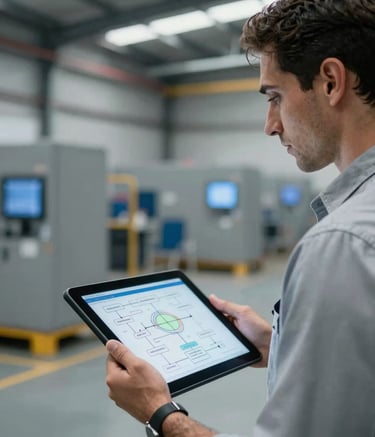 Professional photography of an engineering consultant in a Latin American logistics hub, holding a digital tablet with complex process diagrams. The lighting is sharp and technical, featuring surgical blue accents on industrial grey backgrounds.