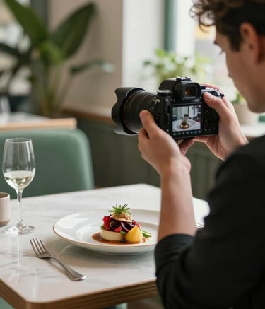A professional behind-the-scenes shot of a content creator using a high-end camera to photograph a beautifully plated dish in a sunlit, Scandinavian-style restaurant. The lighting is soft and natural, with accents of #2E4D3E green in the background plants and a hint of #9B2226 crimson in the food styling.