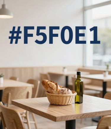 A cozy, minimalist restaurant interior with light wood furniture, white walls, and a large window. On a table sits a fresh basket of artisanal bread and a bottle of olive oil. The composition is clean and calm, featuring the brand's #F5F0E1 parchment tones and natural lighting.