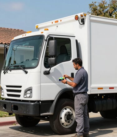 A professional photography shot of a clean, white removal truck parked in a sunny suburban driveway in San Jose, California. A crew member in a professional grey-blue uniform is seen from the side, organizing small items with care. The scene conveys a sense of trust and local community service.