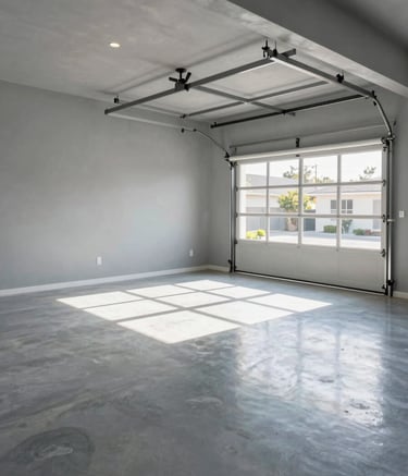 A high-resolution photograph of a clean, organized residential garage in Santa Clara, California, after a professional junk removal service. Bright, natural California sunlight illuminates the space, which is painted in soft grey tones. The composition is wide-angle to show the vast, cleared area, reflecting efficiency and professionalism.