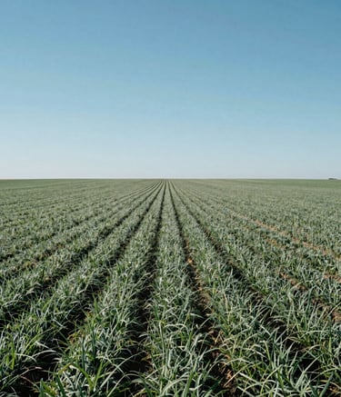 Clean, wide-angle shot of a productive North American agricultural field under a clear blue sky, illustrating the scale and professional management of modern farming, using medium green and light grey tones.