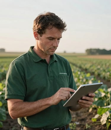 A focused agricultural supervisor in the North American countryside, checking a digital tablet with a modern, efficient farm operation in the background, soft morning lighting, palette colors include dark green and off-white.